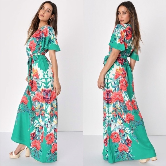 Lulus Dresses & Skirts - Lulu’s Still In Paradise Emerald Botantical Garden Flutter Sleeve  Maxi Dress L